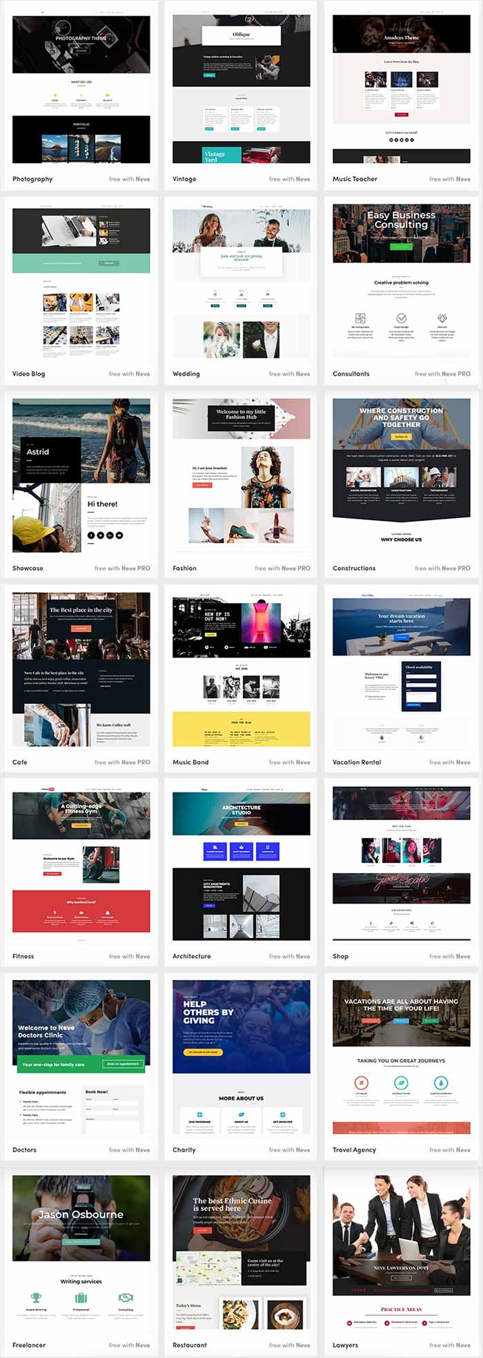 Neve Pro theme - Starter Sites Demos for different niche websites